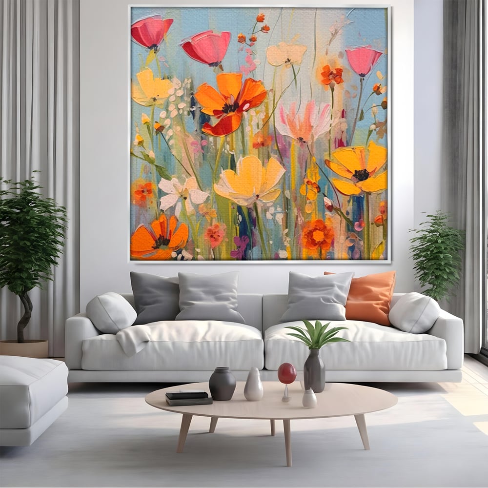 Tablou canvas cu pictura in cutit cu flori de camp, in rama de aluminiu argintiu, pe perete intr-un living